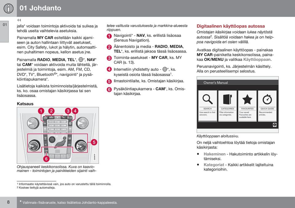 AM, FM, CD, DVD*, TV*, Bluetooth *, navigointi* ja pysäköintiapukamera*. Lisätietoja kaikista toiminnoista/järjestelmistä, ks. ko. osaa omistajan käsikirjassa tai sen lisäosassa.