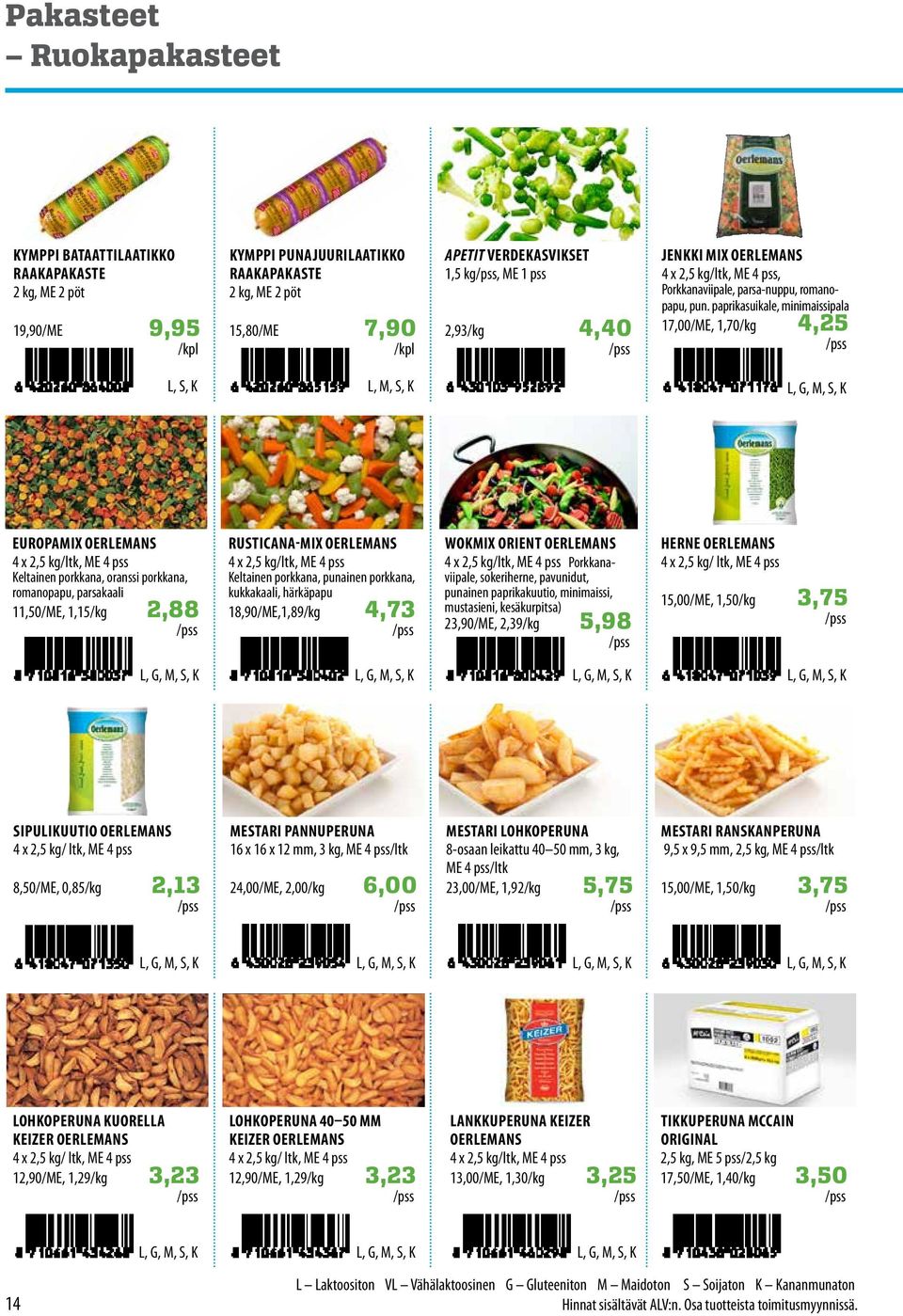 pap rikasuikale, minimaissipala 17,00/ME, 1,70 4,25, S, K, M, S, K EUROPAMIX OEREMANS 4 x 2,5 kg/ltk, ME 4 pss Keltainen porkkana, oranssi porkkana, romanopapu, parsakaali 11,50/ME, 1,15 2,88