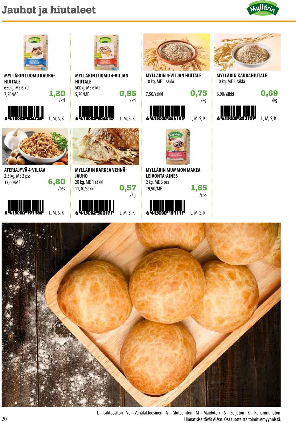 S, K ATERIAJYVÄ 4-VIJAA 2,5 kg, ME 2 pss 13,60/ME 6,80 MYÄRIN KARKEA VEHNÄ JAUHO 20 kg, ME 1 säkki 11,30/säkki 0,57 MYÄRIN MUMMON MAKEA