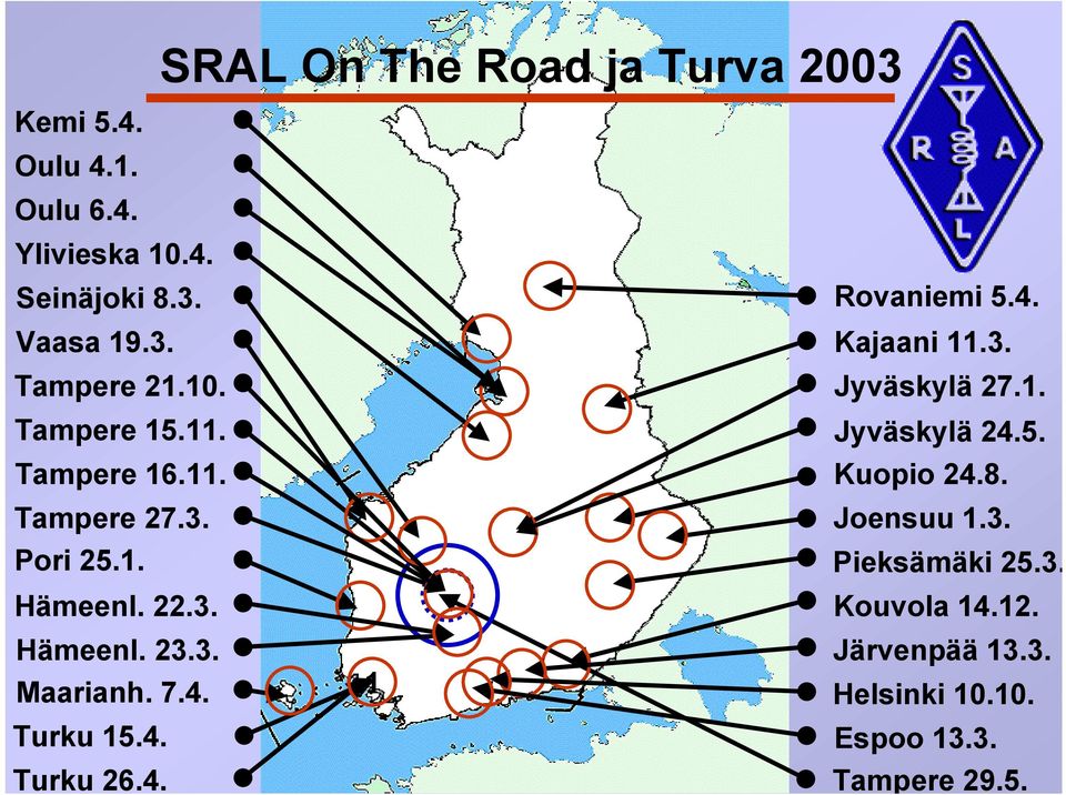 Turku 15.4. Turku 26.4. 1 Rovaniemi 5.4. Kajaani 11.3. Jyväskylä 27.1. Jyväskylä 24.5. Kuopio 24.8.