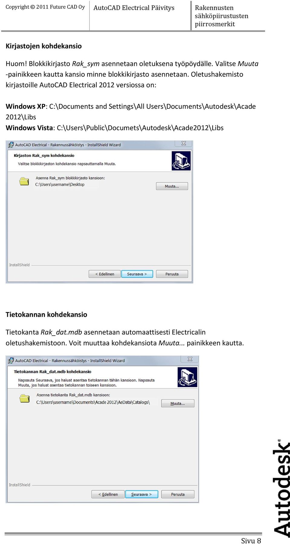 Oletushakemisto kirjastoille AutoCAD Electrical 2012 versiossa on: Windows XP: C:\Documents and Settings\All