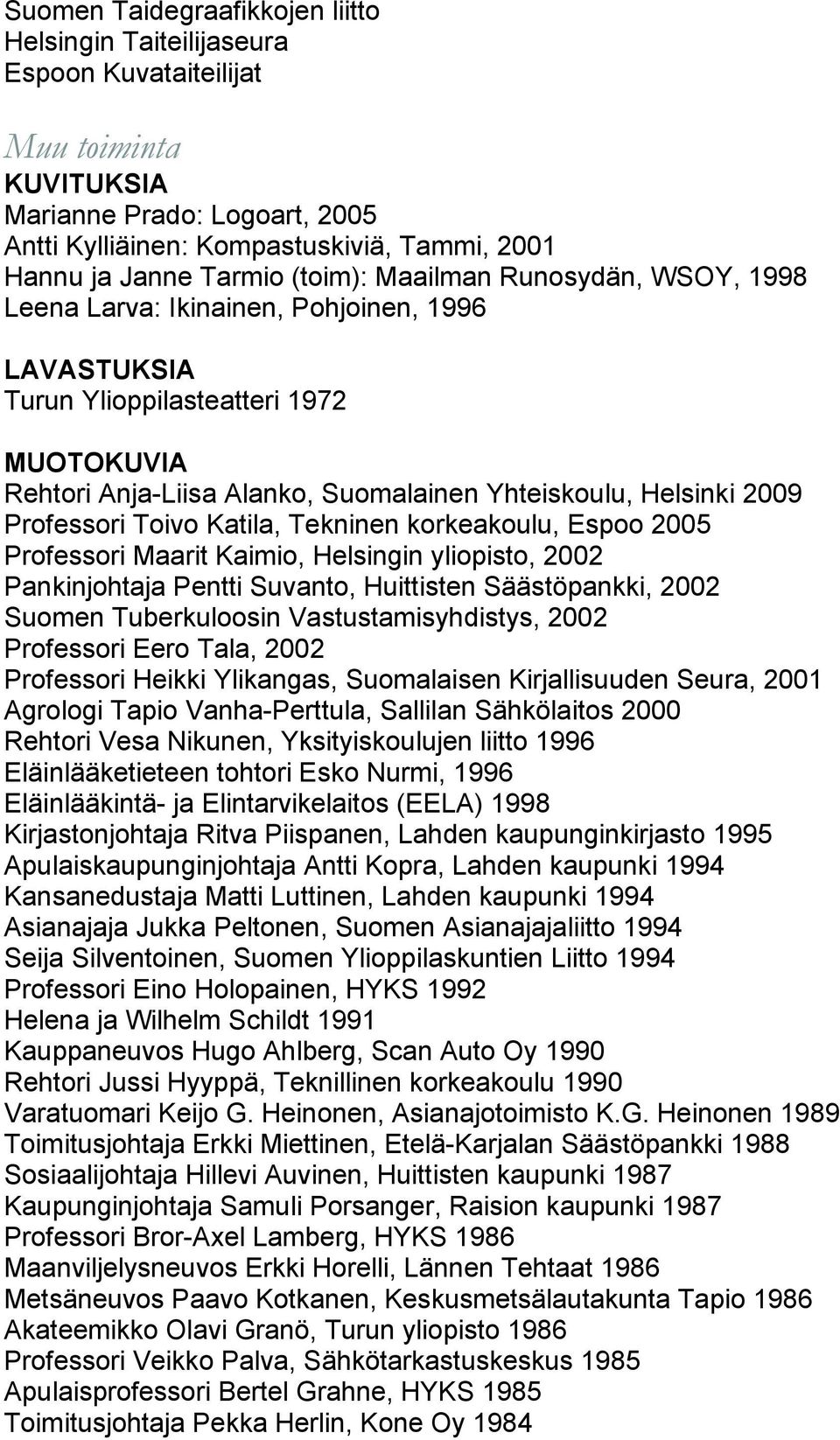 2009 Professori Toivo Katila, Tekninen korkeakoulu, Espoo 2005 Professori Maarit Kaimio, Helsingin yliopisto, 2002 Pankinjohtaja Pentti Suvanto, Huittisten Säästöpankki, 2002 Suomen Tuberkuloosin