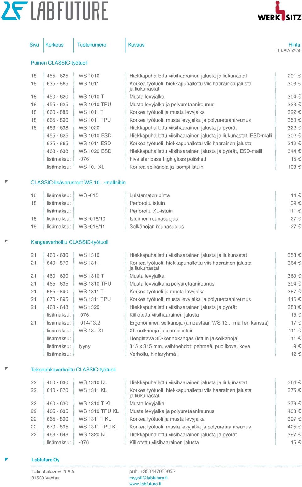 polyuretaanireunus 350 18 463-638 WS 1020 Hiekkapuhallettu viisihaarainen jalusta ja pyörät 322 455-625 WS 1010 ESD Hiekkapuhallettu viisihaarainen jalusta, 302 635-865 WS 1011 ESD Korkea työtuoli,