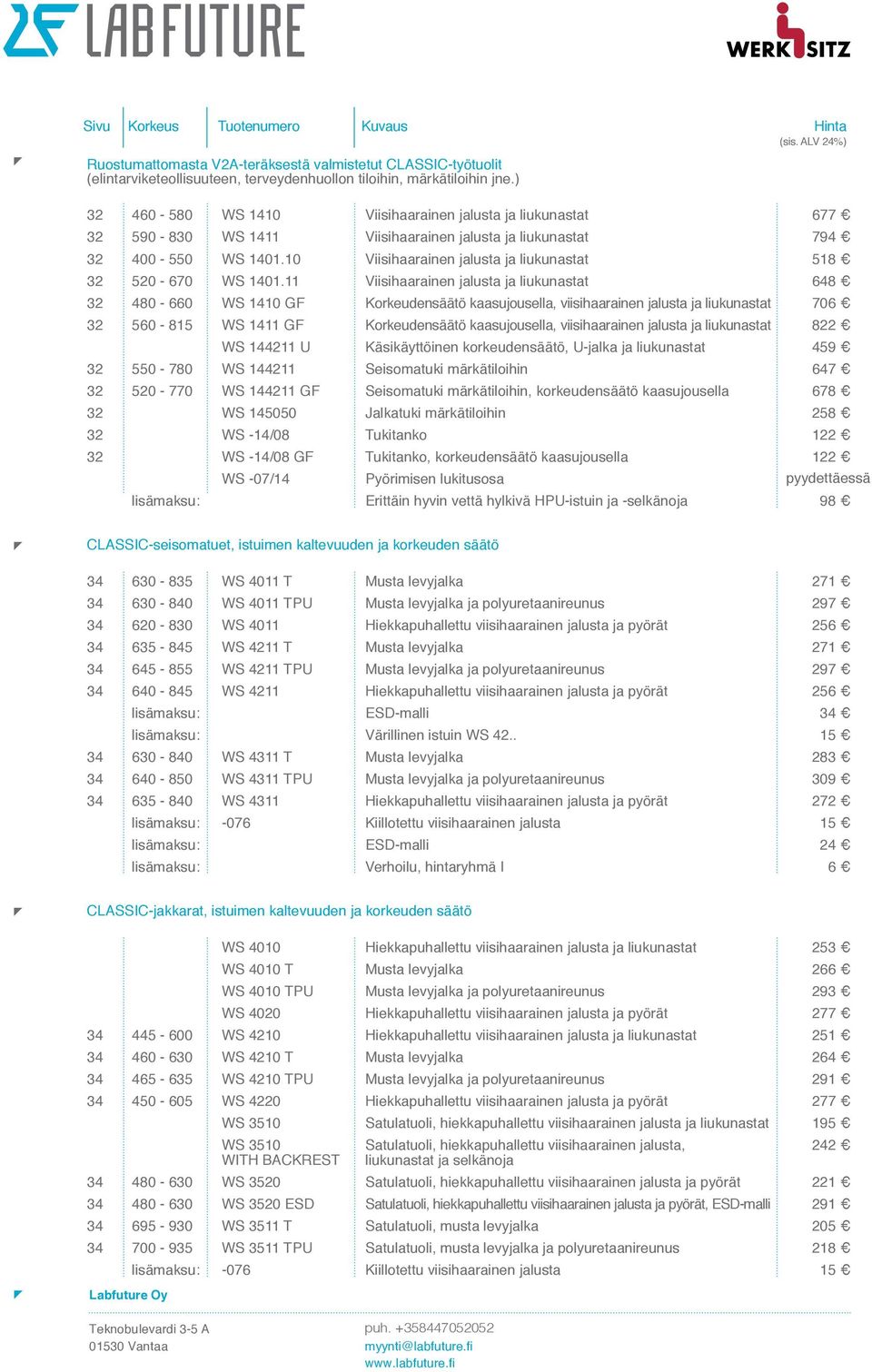 11 Viisihaarainen jalusta 648 32 480-660 WS 1410 GF Korkeudensäätö kaasujousella, viisihaarainen jalusta 706 32 560-815 WS 1411 GF Korkeudensäätö kaasujousella, viisihaarainen jalusta 822 WS 144211 U