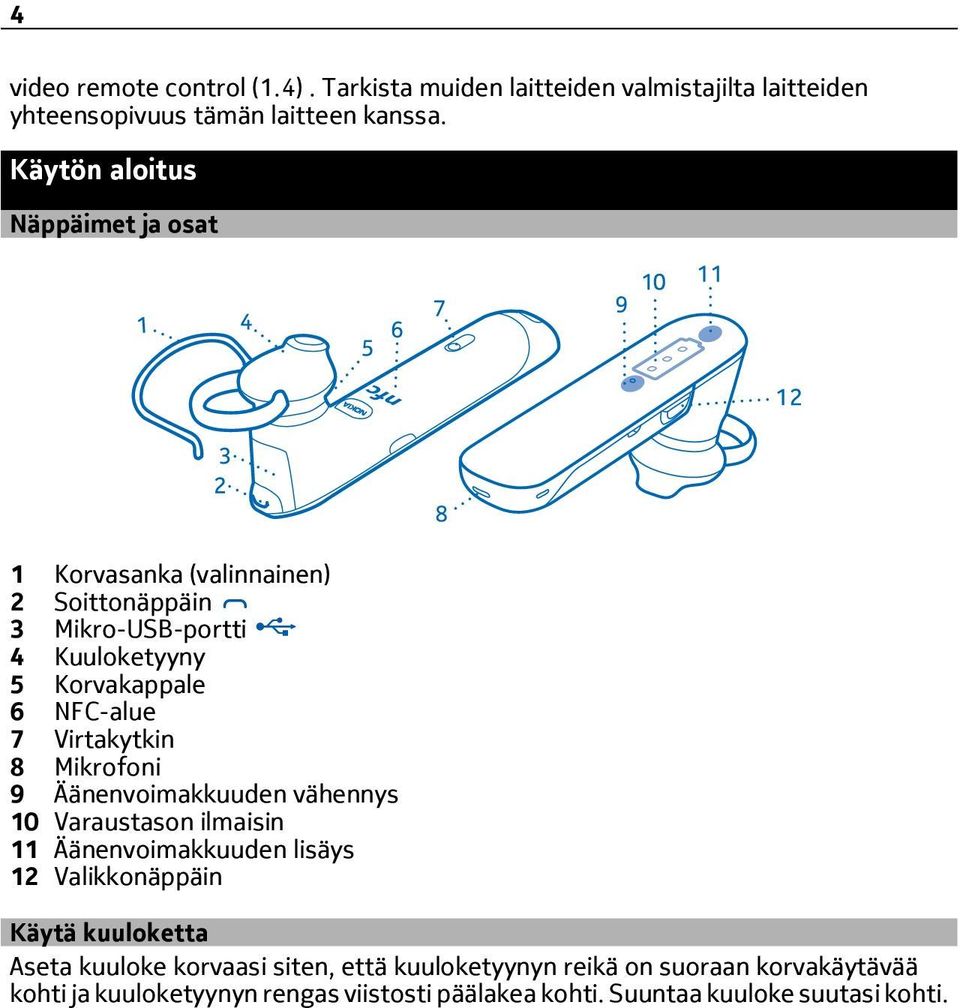 Virtakytkin 8 Mikrofoni 9 Äänenvoimakkuuden vähennys 10 Varaustason ilmaisin 11 Äänenvoimakkuuden lisäys 12 Valikkonäppäin Käytä kuuloketta