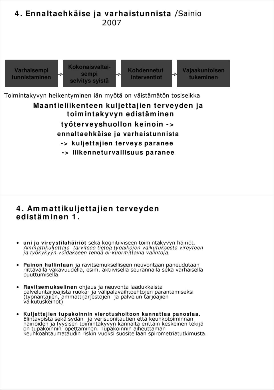 liikenneturvallisuus paranee 4. Ammattikuljettajien terveyden edistäminen 1. uni ja vireystilahäiriöt sekä kognitiiviseen toimintakyvyn häiriöt.