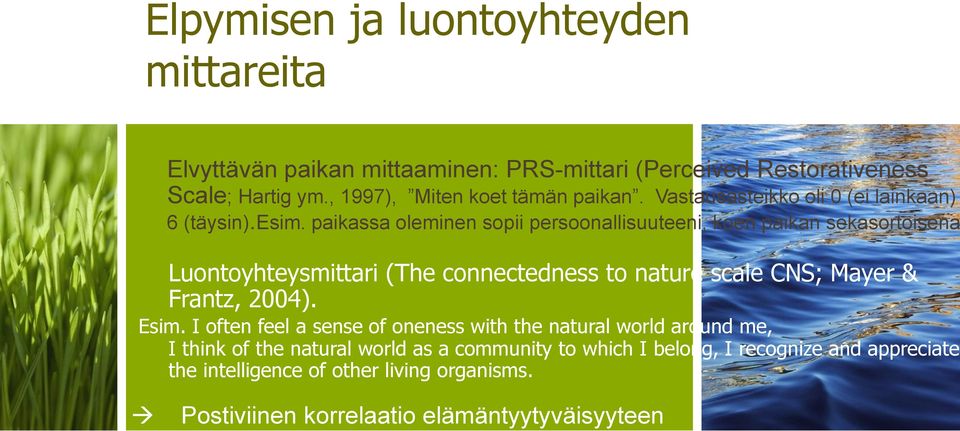 paikassa oleminen sopii persoonallisuuteeni, koen paikan sekasortoisena Luontoyhteysmittari (The connectedness to nature scale CNS; Mayer & Frantz, 2004).