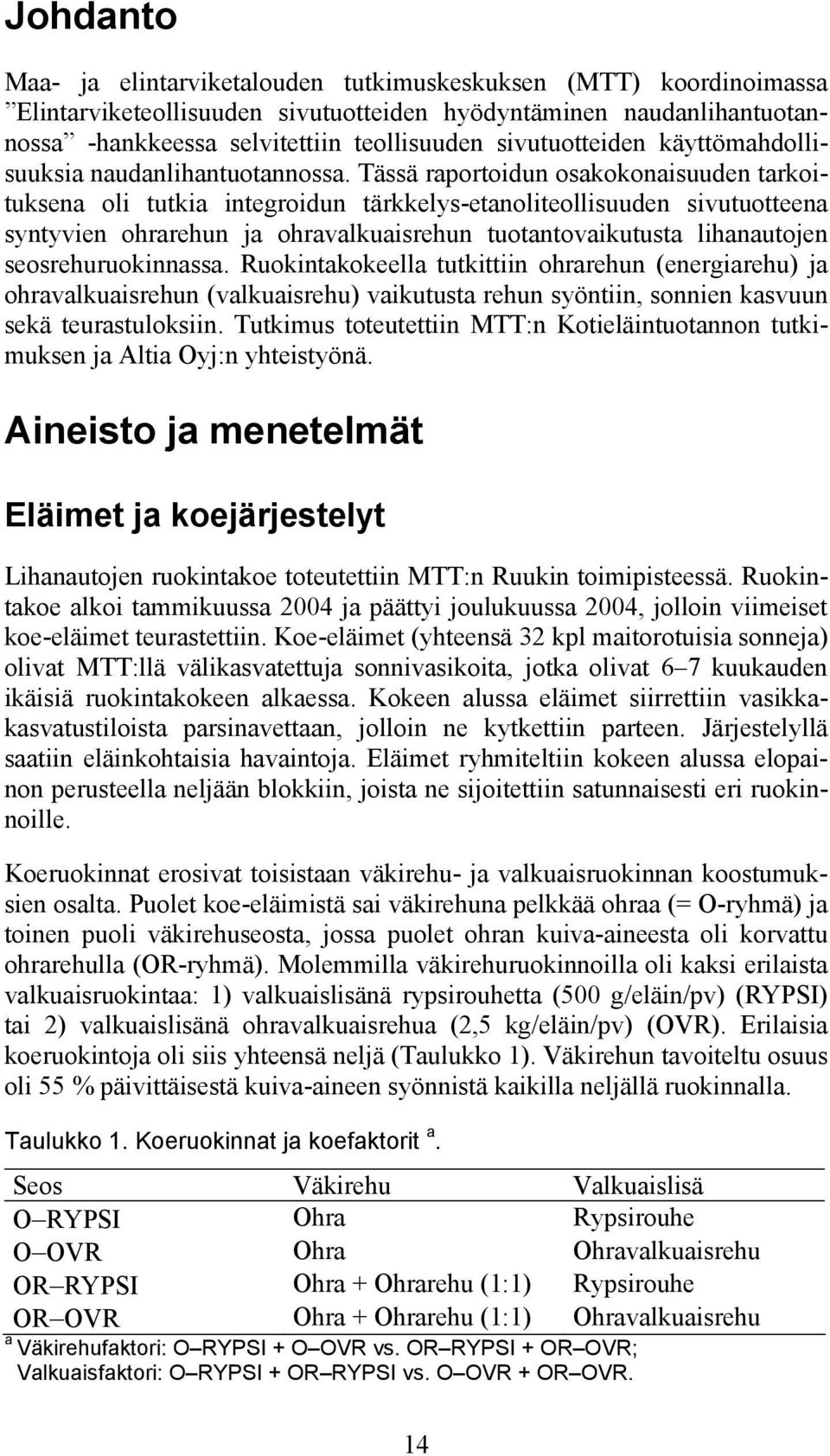 Tässä raportoidun osakokonaisuuden tarkoituksena oli tutkia integroidun tärkkelys-etanoliteollisuuden sivutuotteena syntyvien ohrarehun ja ohravalkuaisrehun tuotantovaikutusta lihanautojen