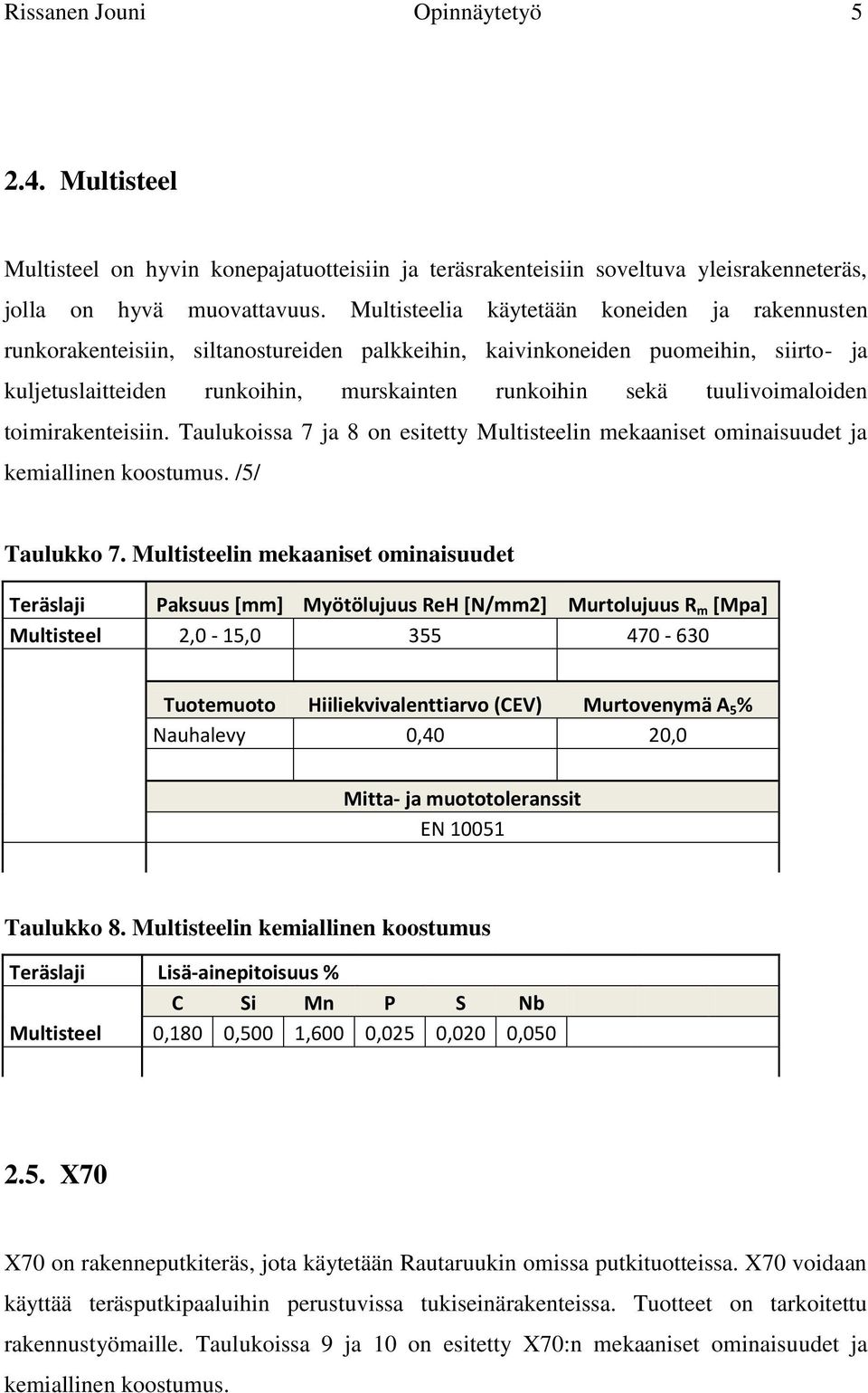 tuulivoimaloiden toimirakenteisiin. Taulukoissa 7 ja 8 on esitetty Multisteelin mekaaniset ominaisuudet ja kemiallinen koostumus. /5/ Taulukko 7.