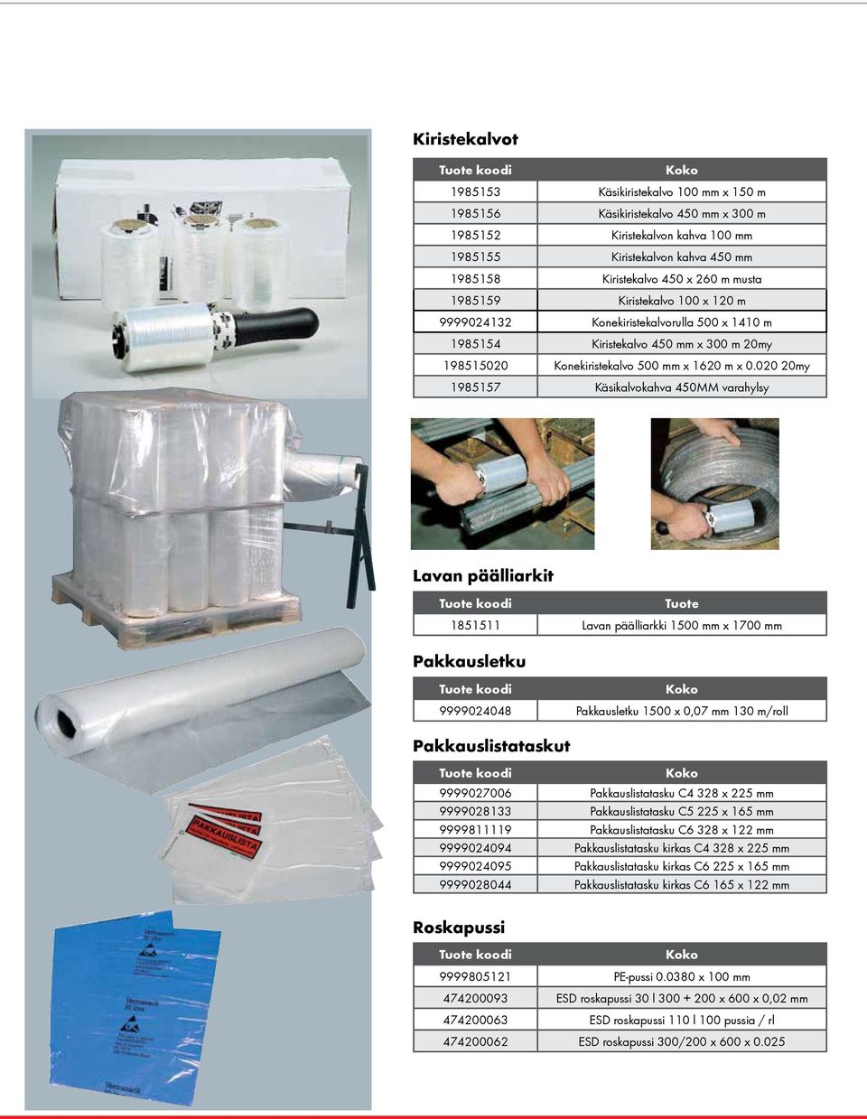020 20my 1985157 Käsikalvokahva 450MM varahylsy Lavan päälliarkit Tuote 1851511 Lavan päälliarkki 1500 mm x 1700 mm Pakkausletku 9999024048 Pakkausletku 1500 x 0,07 mm 130 m/roll Pakkauslistataskut