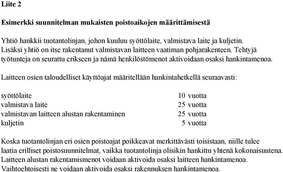 Laitteen osien taloudelliset käyttöajat määritellään hankintahetkellä seuraavasti: syöttölaite valmistava laite valmistavan laitteen alustan rakentaminen kuljetin 10 vuotta 25 vuotta 25 vuotta 5