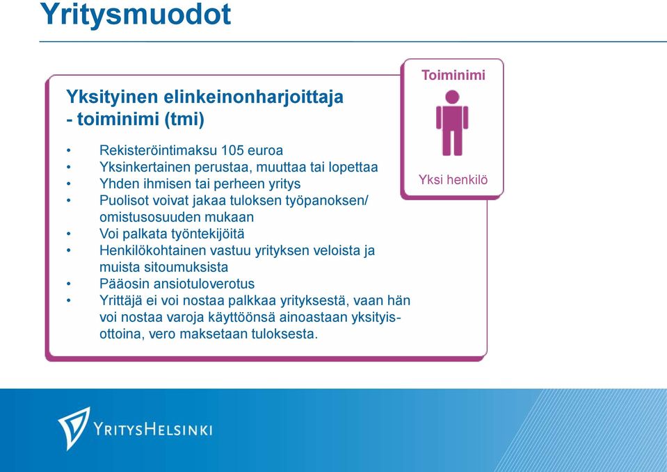 työntekijöitä Henkilökohtainen vastuu yrityksen veloista ja muista sitoumuksista Pääosin ansiotuloverotus Yrittäjä ei voi nostaa