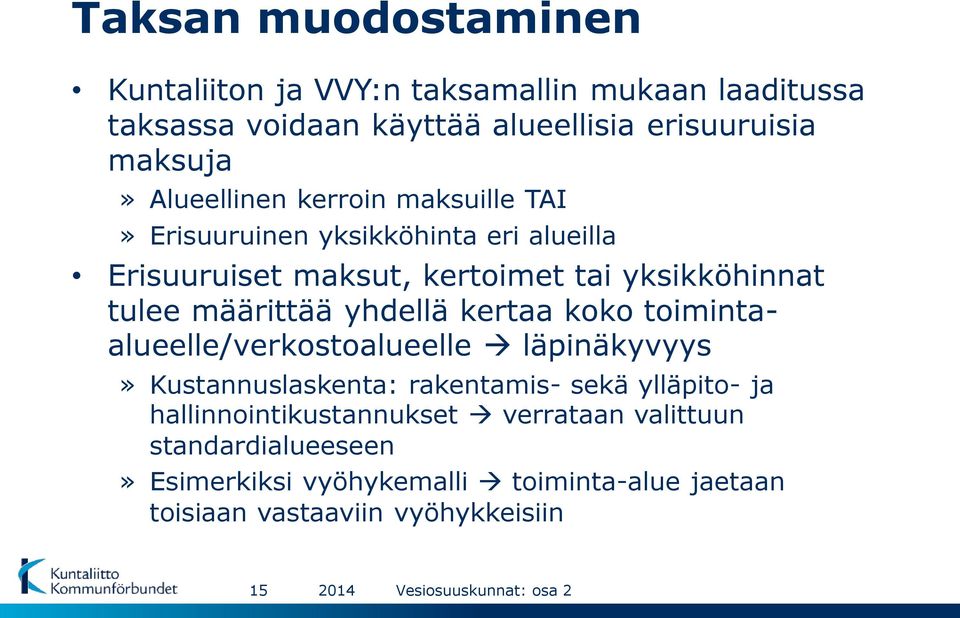 määrittää yhdellä kertaa koko toimintaalueelle/verkostoalueelle läpinäkyvyys» Kustannuslaskenta: rakentamis- sekä ylläpito- ja