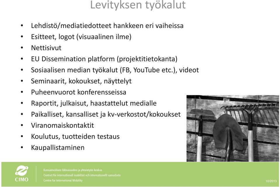 ), videot Seminaarit, kokoukset, näyttelyt Puheenvuorot konferensseissa Raportit, julkaisut, haastattelut