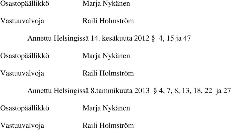 tammikuuta 2013 4, 7, 8, 13, 18, 22 ja 27 Osastopäällikkö Vastuuvalvoja