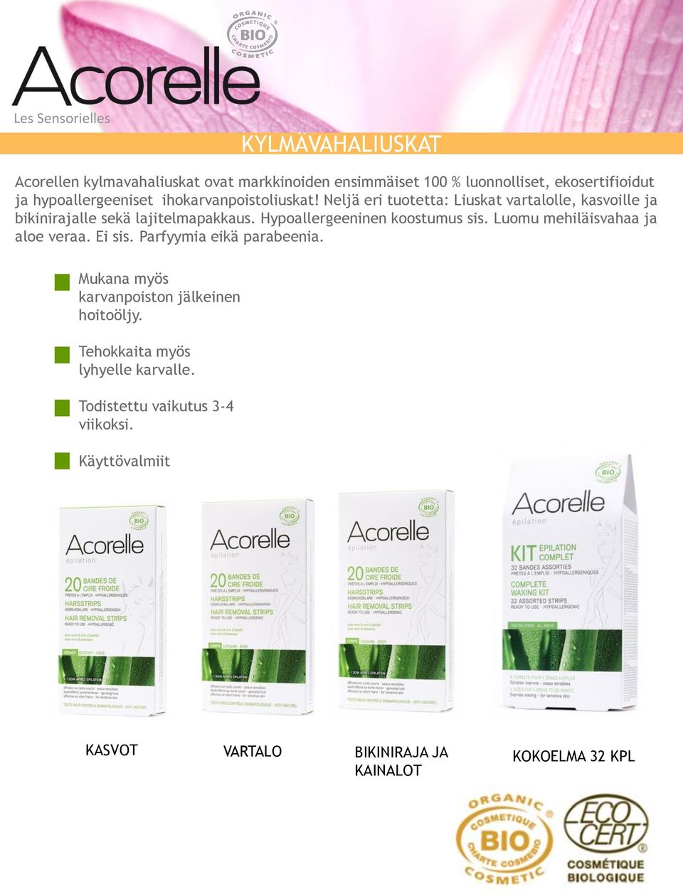 Hypoallergeeninen koostumus sis. Luomu mehiläisvahaa ja aloe veraa. Ei sis. Parfyymia eikä parabeenia.