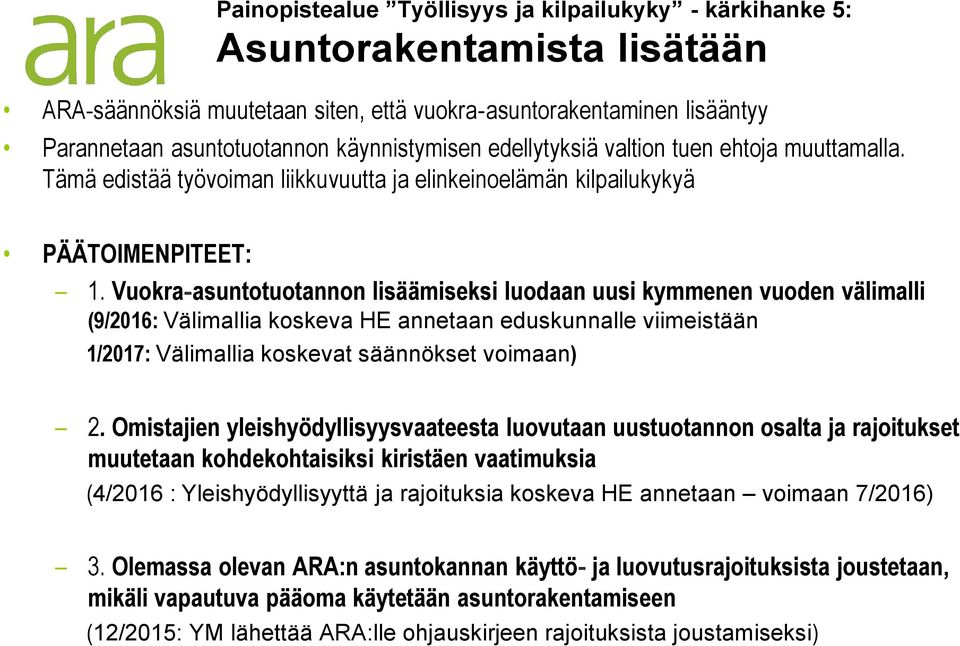 Vuokra asuntotuotannon lisäämiseksi luodaan uusi kymmenen vuoden välimalli (9/2016: Välimallia koskeva HE annetaan eduskunnalle viimeistään 1/2017: Välimallia koskevat säännökset voimaan) 2.