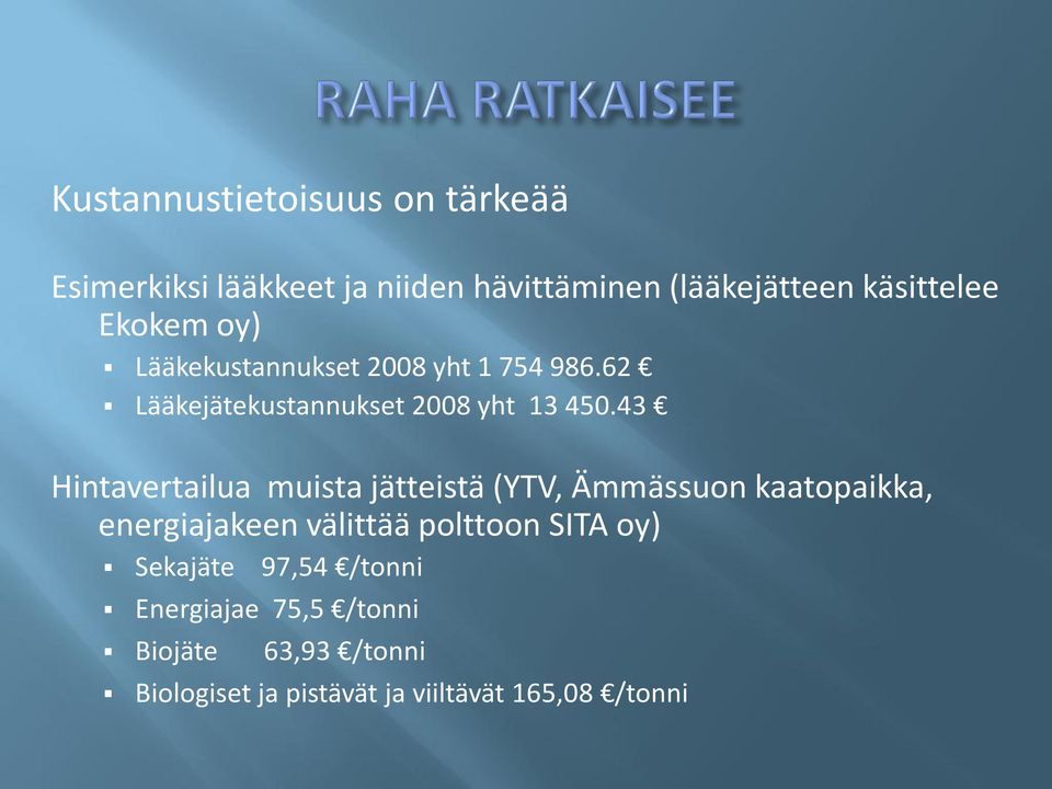 43 Hintavertailua muista jätteistä (YTV, Ämmässuon kaatopaikka, energiajakeen välittää polttoon SITA