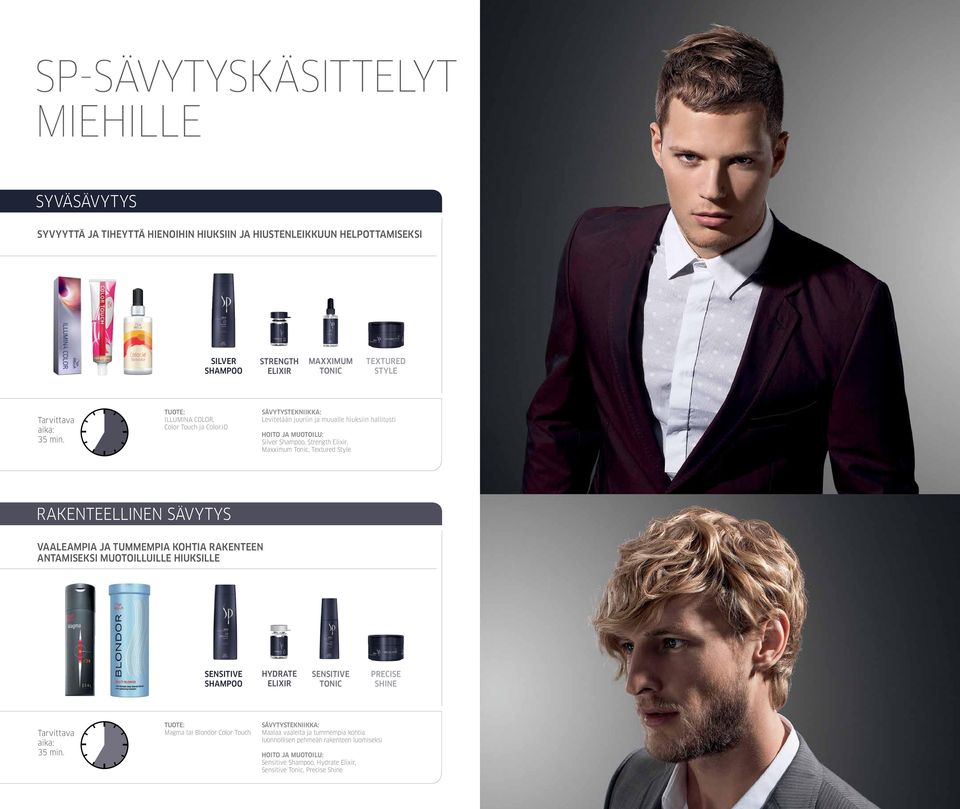 ID Sävytystekniikka: Levitetään juuriin ja muualle hiuksiin hallitusti Hoito ja muotoilu: Silver Shampoo, Strength Elixir, Maxximum Tonic, Textured Style Rakenteellinen sävytys Vaaleampia