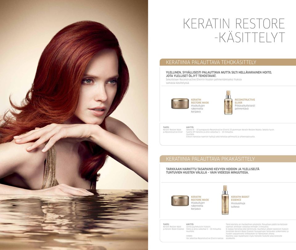 Keratin Restore Mask Hiuskuitujen rakennetta korjaava Reconstructive Elixir Pitkävaikutteisesti pehmentävä Product: Keratin Restore Mask+ Reconstructive Elixir Application: Step 1: treat with Keratin