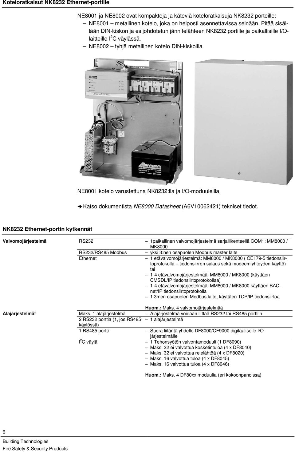 NE8002 tyhjä metallinen kotelo DIN-kiskoilla NE8001 kotelo varustettuna NK8232:lla ja I/O-moduuleilla Katso dokumentista NE8000 Datasheet (A6V10062421) tekniset tiedot.