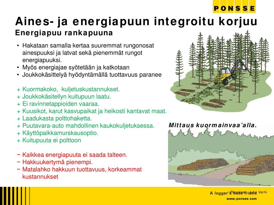 + Ei ravinnetappioiden vaaraa. + Kuusikot, karut kasvupaikat ja heikosti kantavat maat. + Laadukasta polttohaketta. + Puutavara-auto mahdollinen kaukokuljetuksessa.