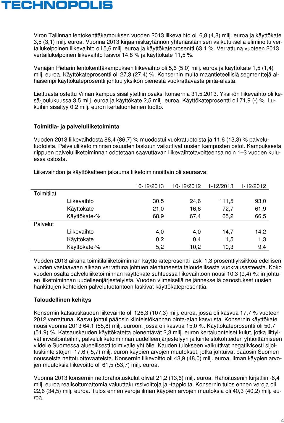 Verrattuna vuoteen 2013 vertailukelpoinen liikevaihto kasvoi 14,8 % ja käyttökate 11,5 %. Venäjän Pietarin lentokenttäkampuksen liikevaihto oli 5,6 (5,0) milj. euroa ja käyttökate 1,5 (1,4) milj.