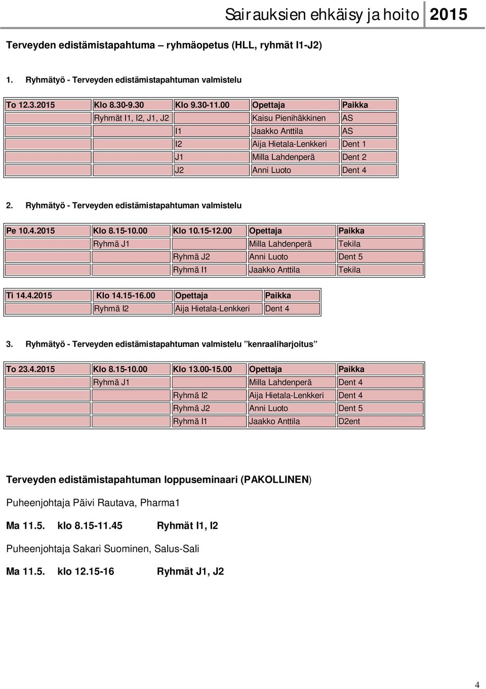Ryhmätyö - Terveyden edistämistapahtuman valmistelu Pe 10.4.2015 Klo 8.15-10.00 Klo 10.15-12.