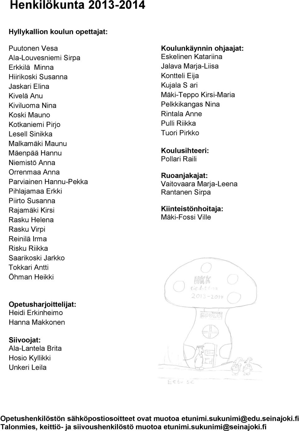 Jarkko Tokkari Antti Öhman Heikki Koulunkäynnin ohjaajat: Eskelinen Katariina Jalava Marja-Liisa Kontteli Eija Kujala S ari Mäki-Teppo Kirsi-Maria Pelkkikangas Nina Rintala Anne Pulli Riikka Tuori