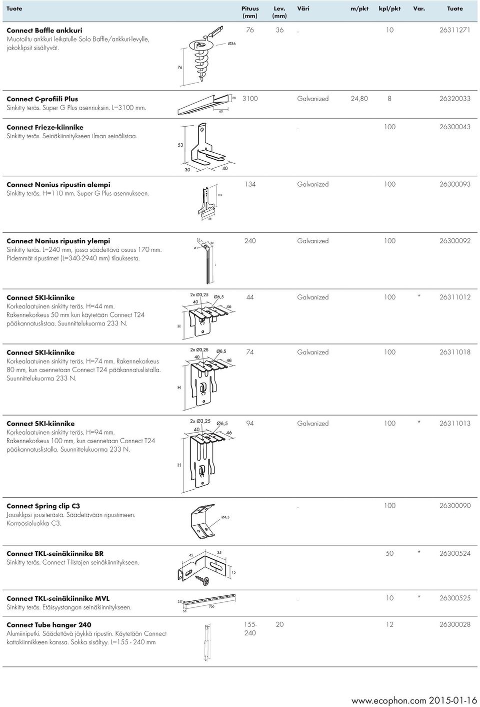 =110 Super G Plus asennukseen. 134 Galvanized 100 26300093 Connect Nonius ripustin ylempi Sinkitty teräs. L=240 mm, jossa säädettävä osuus 170 Pidemmät ripustimet (L=340-2940 mm) tilauksesta.