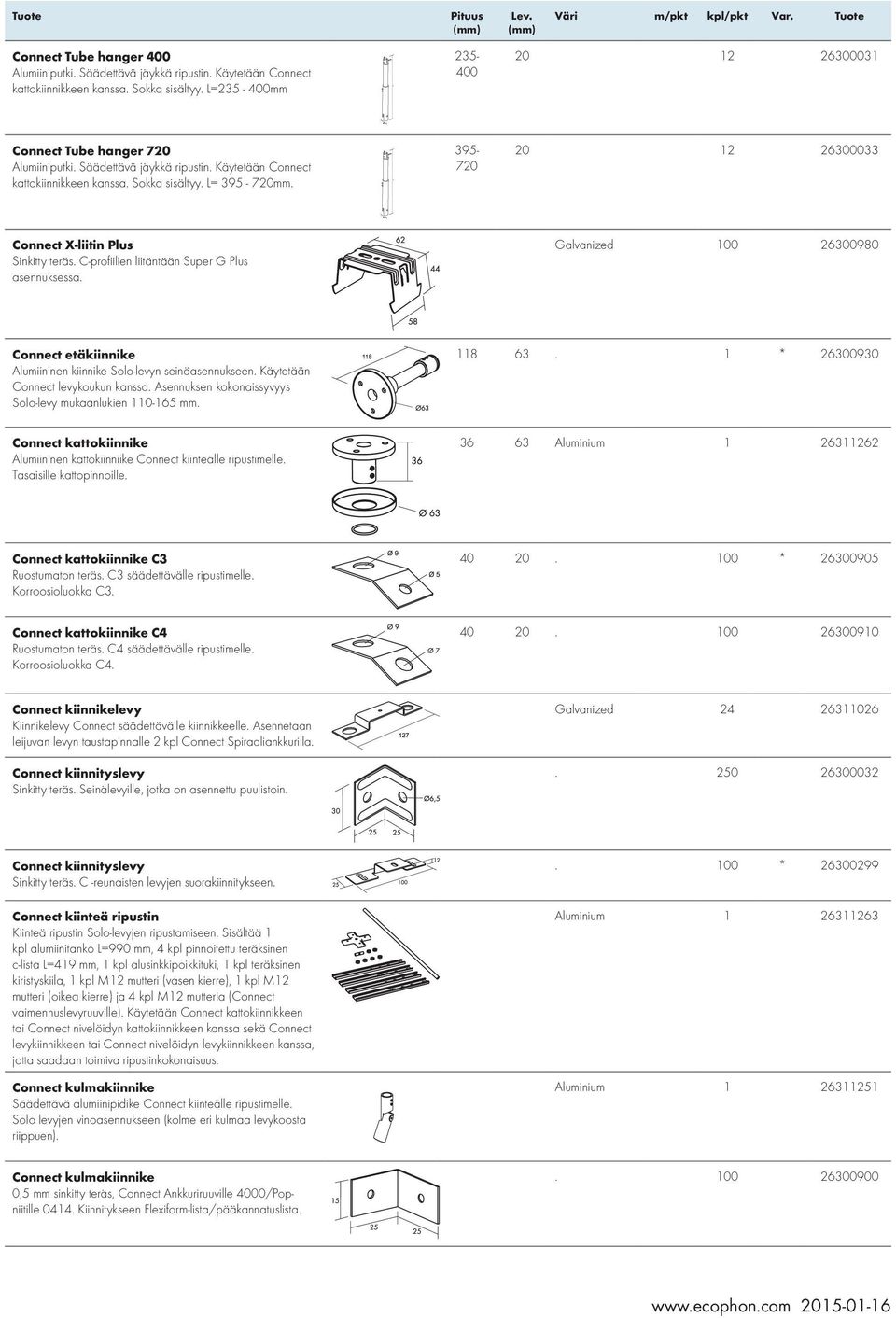 L= 395-720 395-720 20 12 26300033 Connect X-liitin Plus Sinkitty teräs. C-profiilien liitäntään Super G Plus asennuksessa.