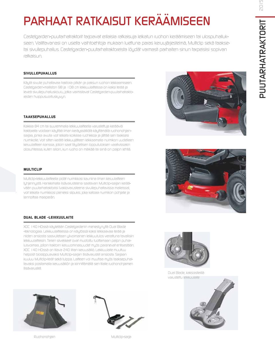 Castelgarden-puutarhatraktoreista löydät varmasti parhaiten sinun tarpeisiisi sopivan ratkaisun. SIVULLEPUHALLUS Käytä sivulle puhaltavaa traktoria pitkän ja paksun ruohon leikkaamiseen.