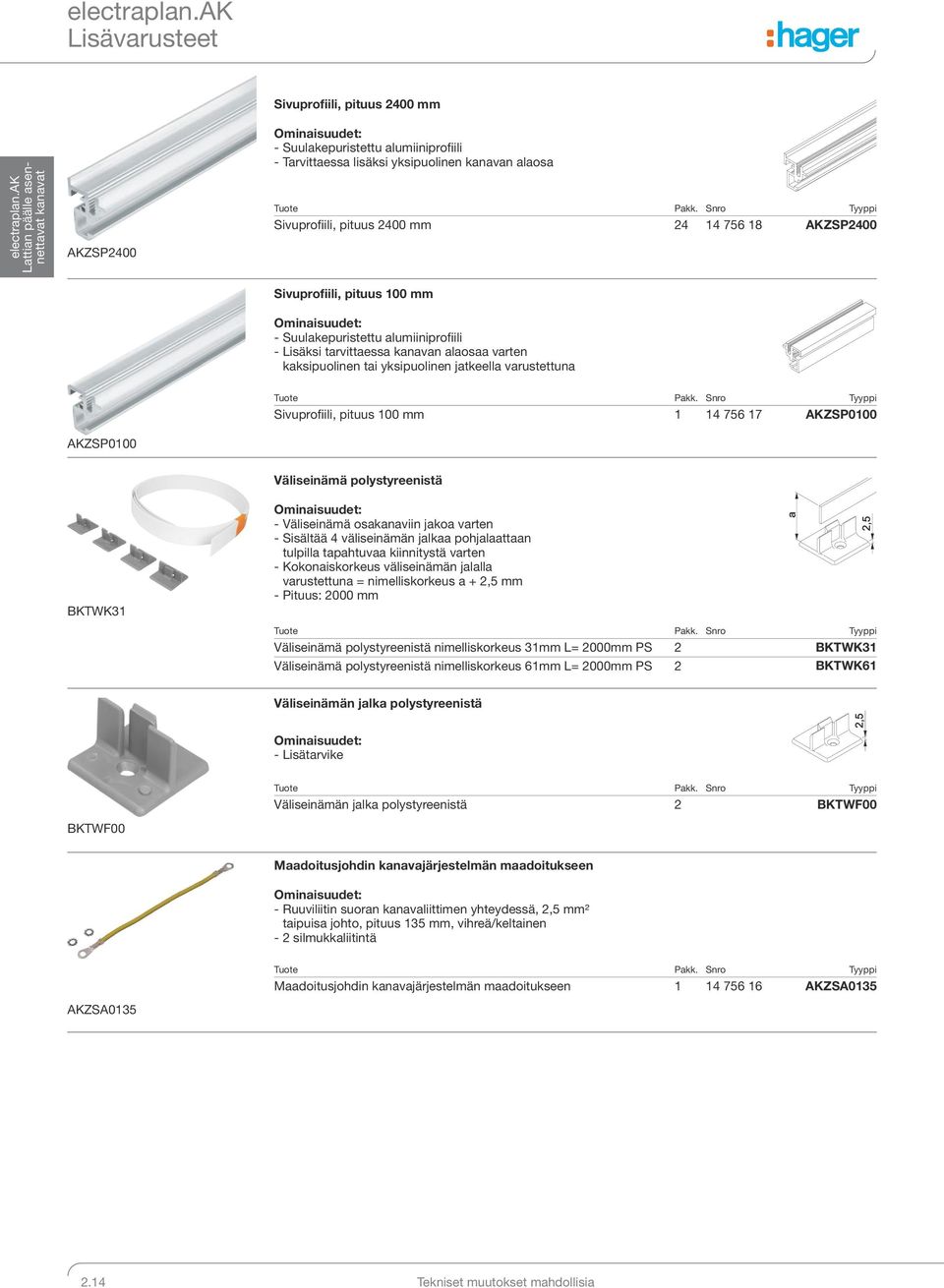 mm 1 14 756 17 AKZSP0100 BKTWK31 Väliseinämä polystyreenistä - Väliseinämä osakanaviin jakoa varten - Sisältää 4 väliseinämän jalkaa pohjalaattaan tulpilla tapahtuvaa kiinnitystä varten -