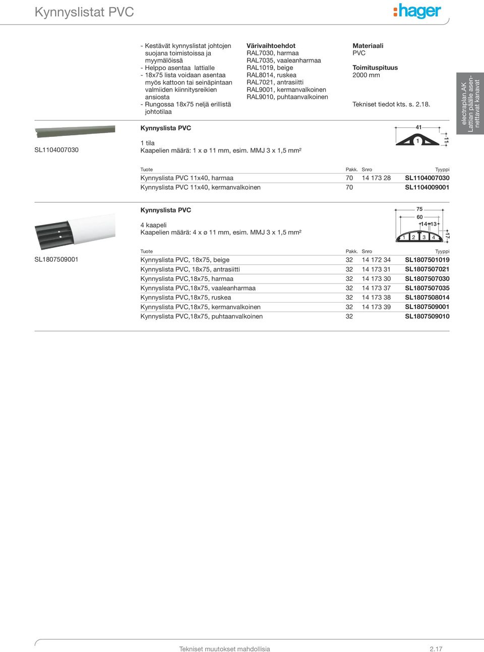 kermanvalkoinen RAL9010, puhtaanvalkoinen Materiaali PVC Toimituspituus 2000 mm Tekniset tiedot kts. s. 2.18. SL1104007030 1 tila Kaapelien määrä: 1 x ø 11 mm, esim.