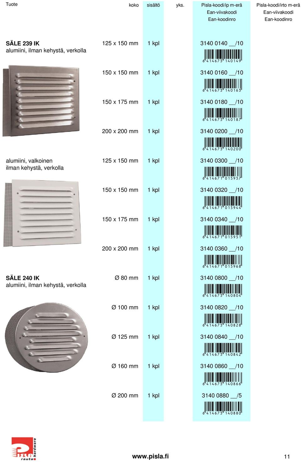 150 x 175 mm 1 kpl 3140 0340 /10 +!4;>@71"DEIMIE! 200 x 200 mm 1 kpl 3140 0360 /10 +!4;>@71"DEIMJL! SÄLE 240 IK Ø 80 mm 1 kpl 3140 0800 /10 alumiini, ilman kehystä, verkolla +!4;>@73"EHDLDH!