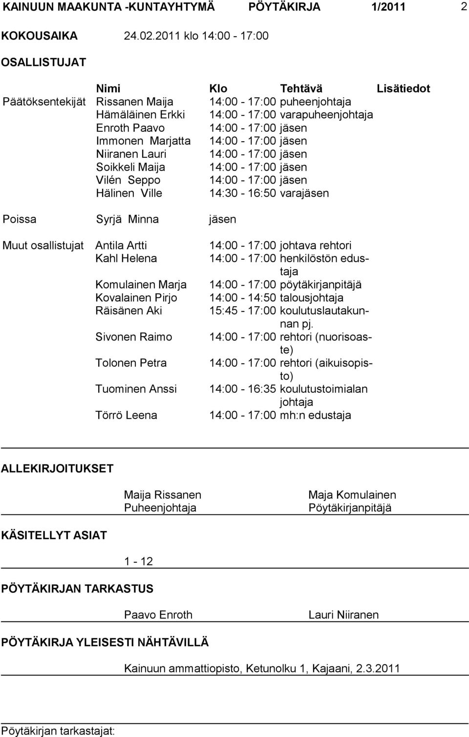 Immonen Marjatta 14:00-17:00 jäsen Niiranen Lauri 14:00-17:00 jäsen Soikkeli Maija 14:00-17:00 jäsen Vilén Seppo 14:00-17:00 jäsen Hälinen Ville 14:30-16:50 varajäsen Poissa Syrjä Minna jäsen Muut
