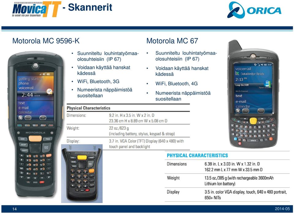 suositellaan Motorola MC 67 Suunniteltu louhintatyömaaolosuhteisiin (IP 67)