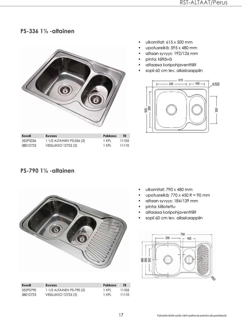 allaskaappiin 615 330 165 4-R25 500 395 300 352PS336 1 1/2 ALTAINEN PS-336 (2) 1 KPL 11105 38012725 VESILUKKO 12725 (2) 1 KPL 11110 PS-790 1½ -altainen