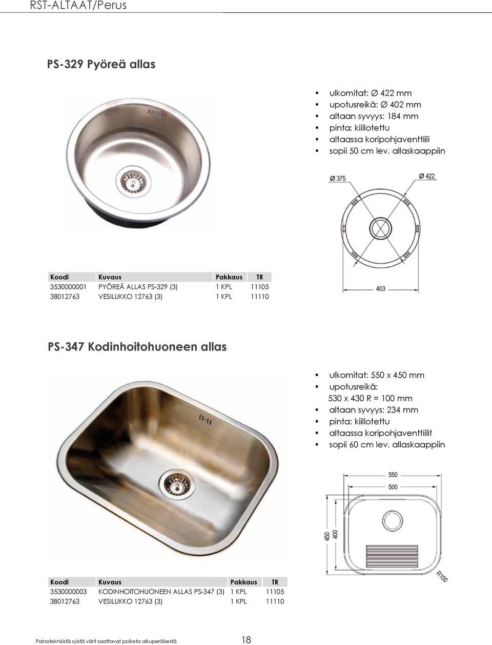 allaskaappiin Ø 375 Ø 422 3530000001 PYÖREÄ ALLAS PS-329 (3) 1 KPL 11105 38012763 VESILUKKO 12763 (3) 1 KPL 11110 403 PS-347 Kodinhoitohuoneen allas