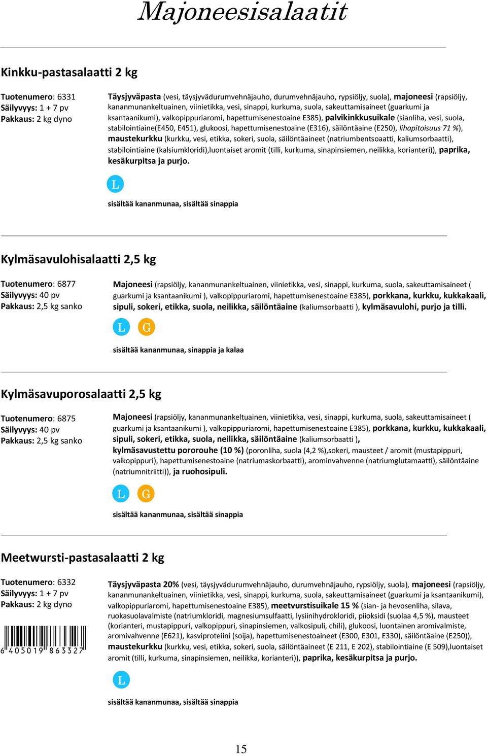 (sianliha, vesi, suola, stabilointiaine(e450, E451), glukoosi, hapettumisenestoaine (E316), säilöntäaine (E250), lihapitoisuus 71 %), maustekurkku (kurkku, vesi, etikka, sokeri, suola, säilöntäaineet