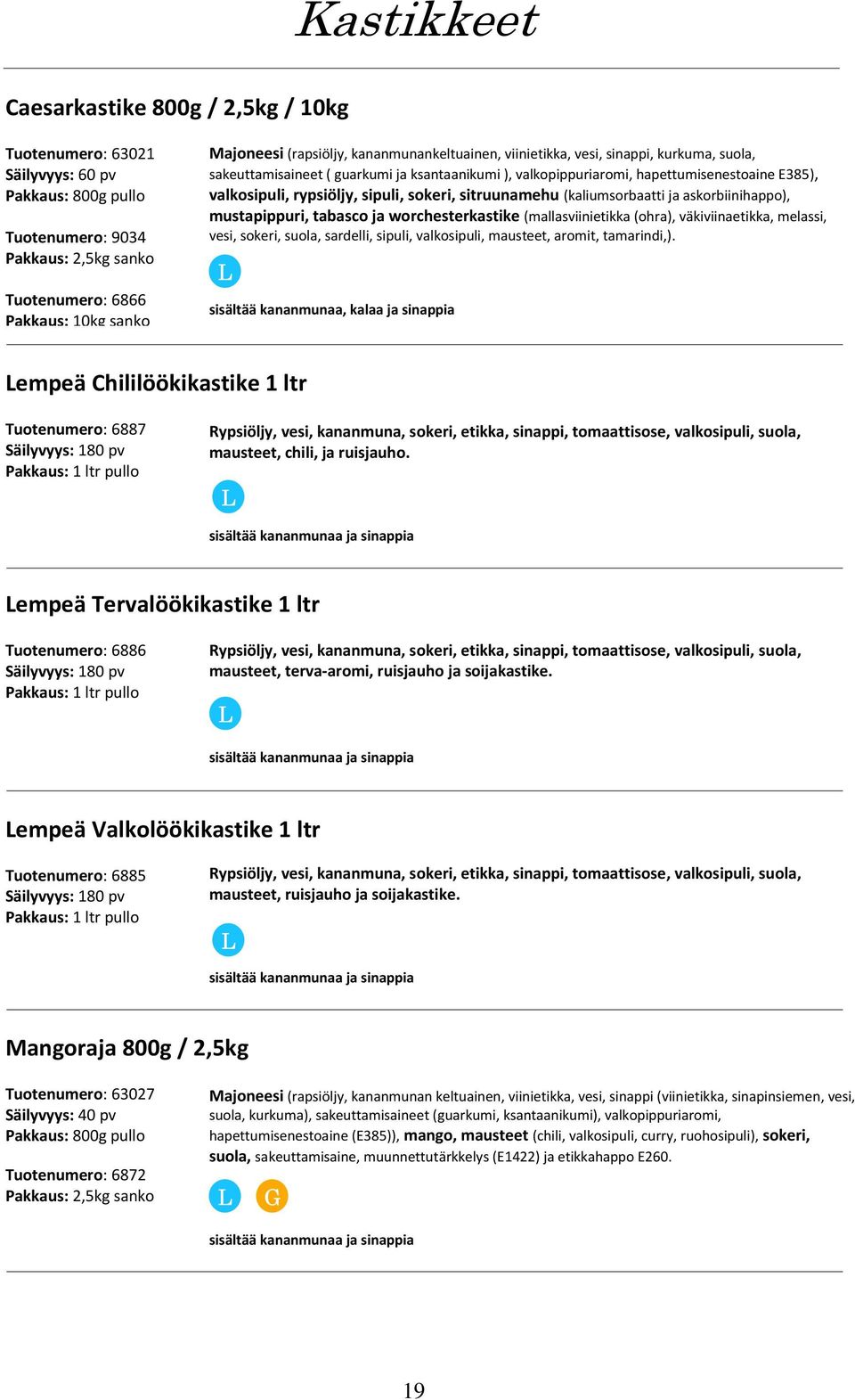 sokeri, sitruunamehu (kaliumsorbaatti ja askorbiinihappo), mustapippuri, tabasco ja worchesterkastike (mallasviinietikka (ohra), väkiviinaetikka, melassi, vesi, sokeri, suola, sardelli, sipuli,