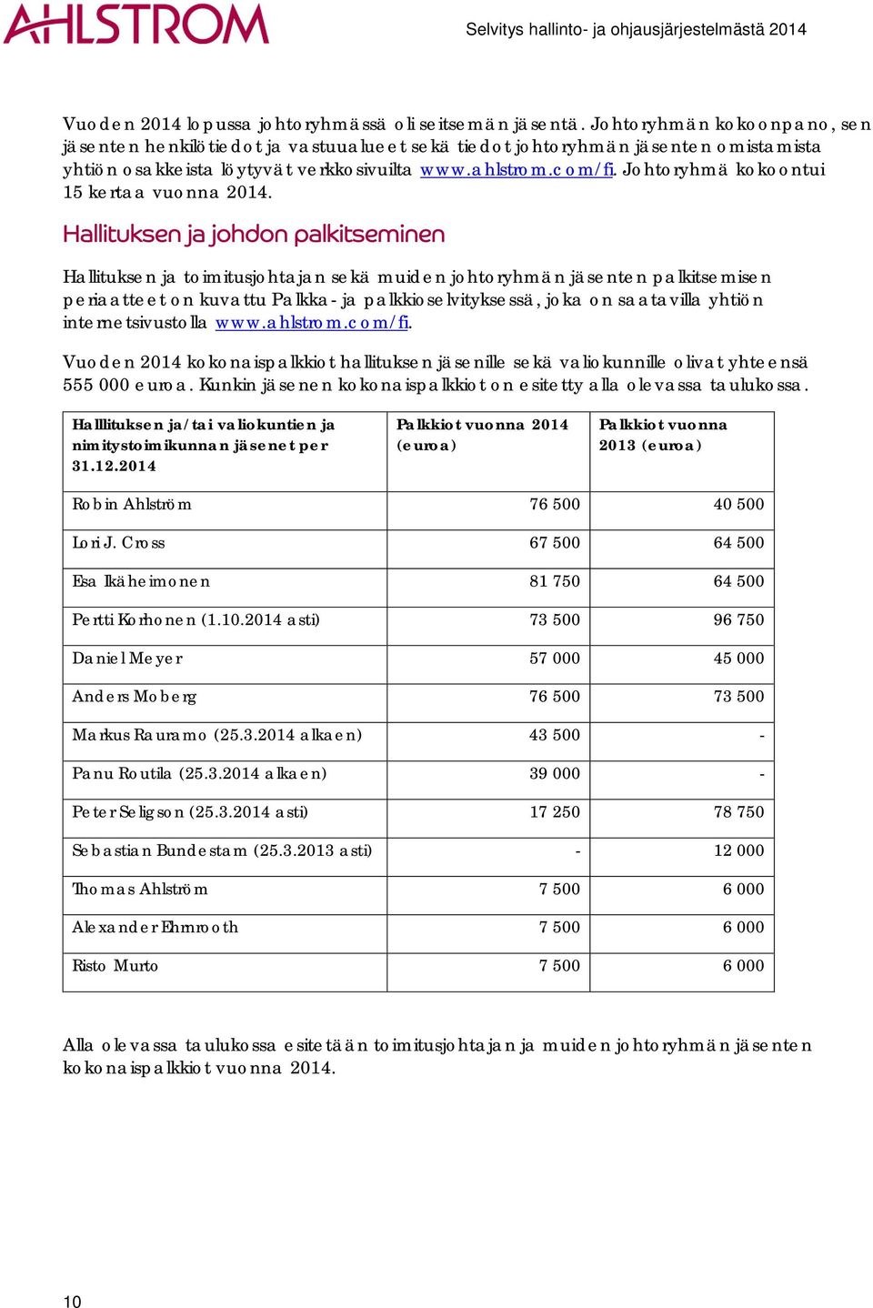 Johtoryhmä kokoontui 15 kertaa vuonna 2014.