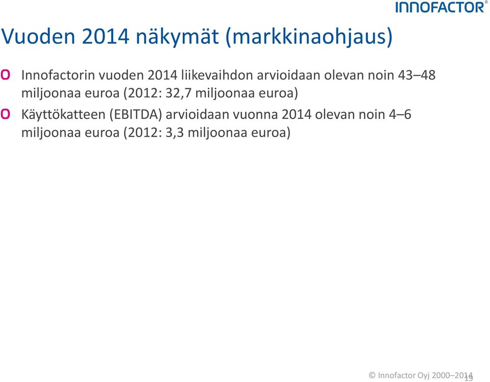 miljoonaa euroa) Käyttökatteen (EBITDA) arvioidaan vuonna 2014 olevan