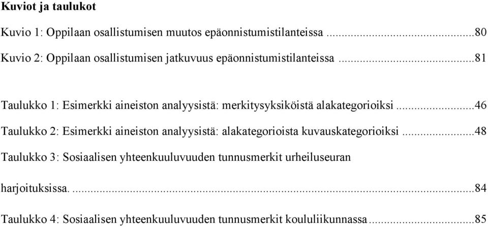 ..81 Taulukko 1: Esimerkki aineiston analyysistä: merkitysyksiköistä alakategorioiksi.