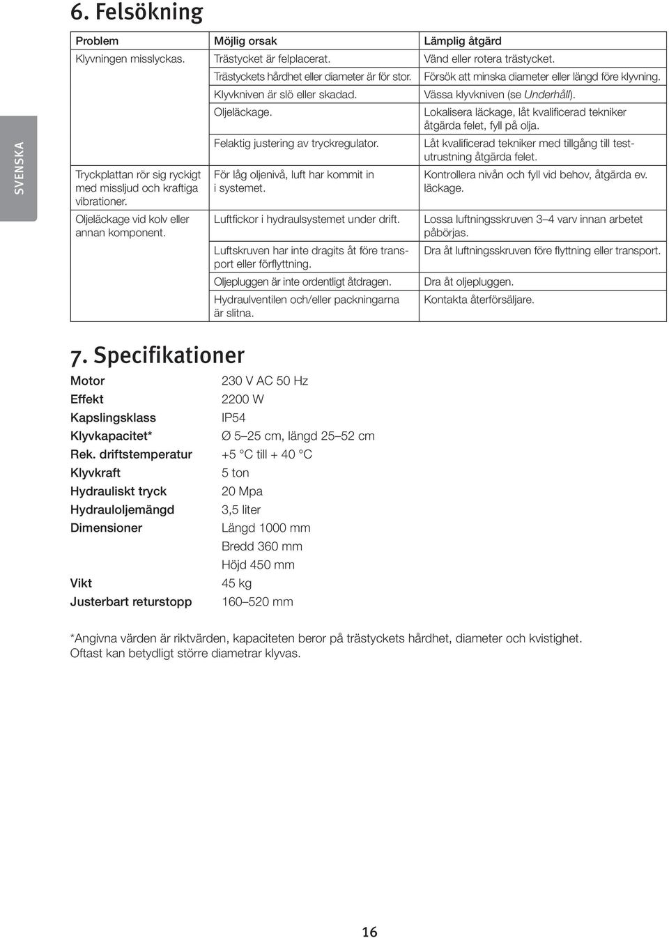 Oljeläckage. Felaktig justering av tryckregulator. För låg oljenivå, luft har kommit in i systemet. Luftfickor i hydraulsystemet under drift.