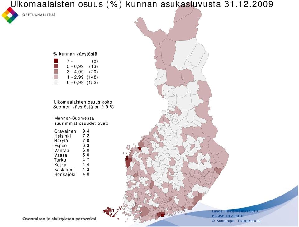 koko Suomen väestöstä on 2,9 % Manner-Suomessa suurimmat osuudet ovat: Oravainen Helsinki Närpiö Espoo