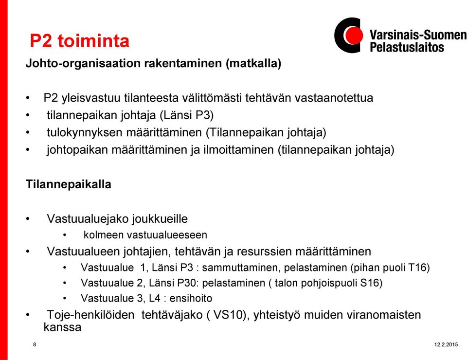 kolmeen vastuualueeseen Vastuualueen johtajien, tehtävän ja resurssien määrittäminen Vastuualue 1, Länsi P3 : sammuttaminen, pelastaminen (pihan puoli T16)