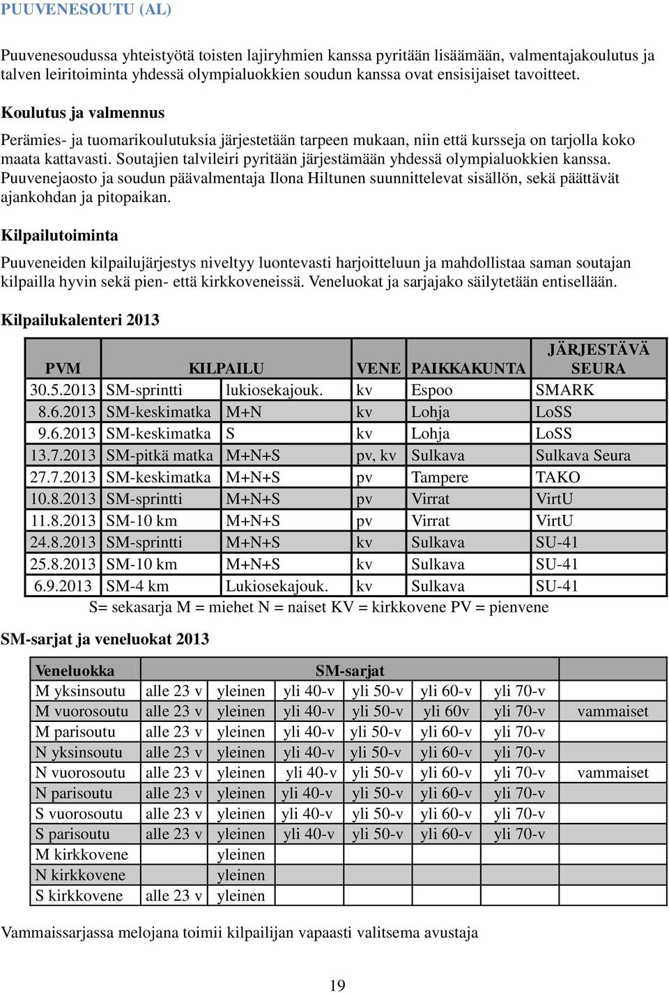 Soutajien talvileiri pyritään järjestämään yhdessä olympialuokkien kanssa. Puuvenejaosto ja soudun päävalmentaja Ilona Hiltunen suunnittelevat sisällön, sekä päättävät ajankohdan ja pitopaikan.