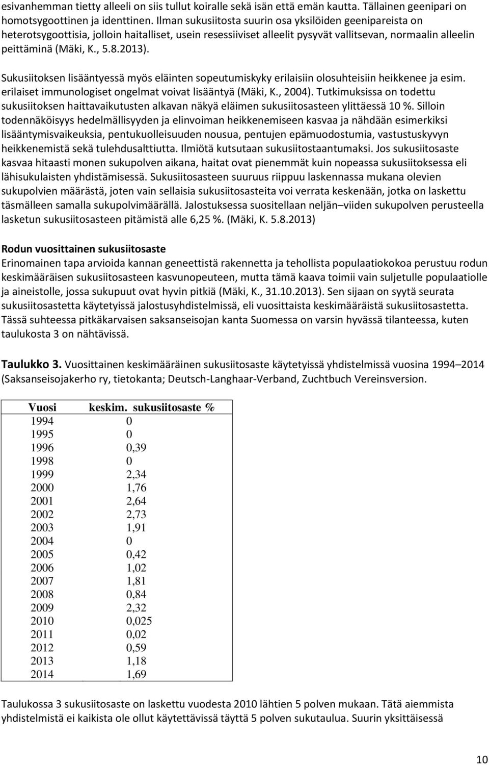 Sukusiitoksen lisääntyessä myös eläinten sopeutumiskyky erilaisiin olosuhteisiin heikkenee ja esim. erilaiset immunologiset ongelmat voivat lisääntyä (Mäki, K., 2004).