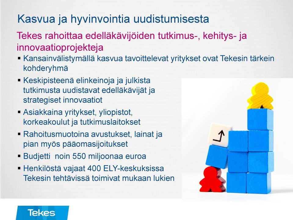 ja strategiset innovaatiot Asiakkaina yritykset, yliopistot, korkeakoulut ja tutkimuslaitokset Rahoitusmuotoina avustukset, lainat ja